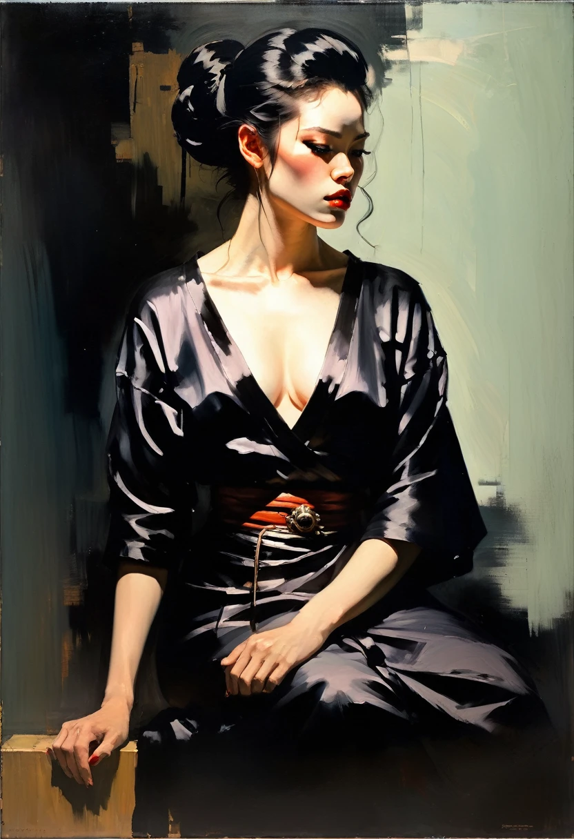 malcolm liepke painting on sensual illustration of an elegant samurai, riot games concept art beauty, eerie, the model draped in flowing, thick oil painting, extremely soft colors, vibrant, highly detailed, , oil on linen, high contrast, dramatic, refined, tonal, Create high contrast between light and shadow, impactful paint of portrait of a man highly detailed, 8k, sharp, professional, clear, high contrast, high saturated, , vivid deep blacks, crystal clear