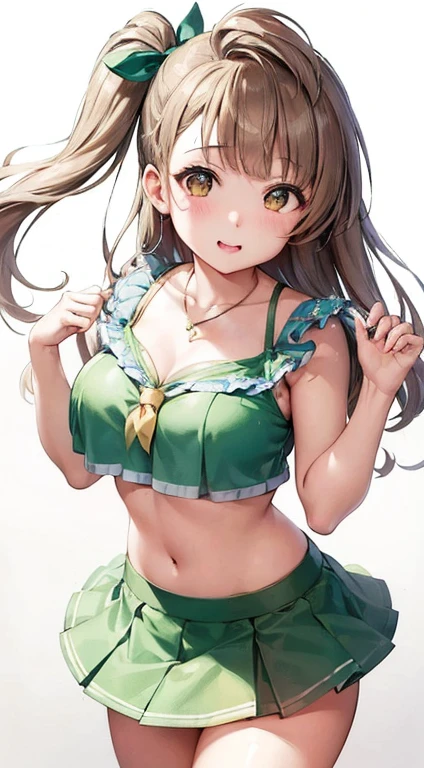 Minami Kotori, One side up, Hair Ribbon, masterpiece, Highest quality, High resolution, unity 8k wallpaper, figure, Detailed eyes, Highly detailed face, Extremely detailed CG, Glossy Lips, light makeup, Are standing, Halter top, Ruffled tiered mini skirt, panties, necklace, (School grounds:1.2), Big Busty Cheerleader