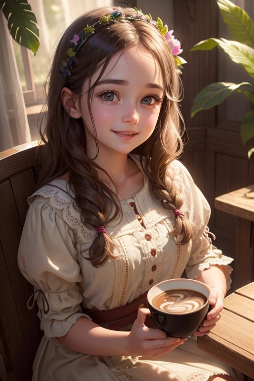 a smiling young girl with rosy cheeks, wearing an island dress, sitting on a coffee cup, beautiful detailed eyes, beautiful detailed lips, extremely detailed eyes and face, long eyelashes, hyper realistic, highly detailed, 8k, masterpiece, cinematic lighting, vibrant colors, soft focus, dreamlike, fantasy, whimsical, warm color palette