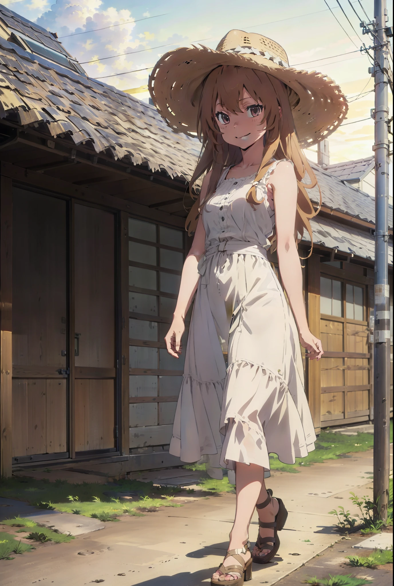 Aisaka Taiga, Aisaka Taiga, Long Hair, Brown Hair, Brown eyes,happy smile,smile, Close your mouth,Straw hat,White sleeveless dress,Long skirt,Heeled Sandals,evening,sunset,The sun is setting,whole bodyがイラストに入るように,Walking, break looking at viewer, whole body,(Cowboy Shot:1. 5),
break outdoors,Coastal Road,In town,
break (masterpiece:1.2), Highest quality, High resolution, unity 8k wallpaper, (shape:0.8), (Beautiful attention to detail:1.6), Highly detailed face, Perfect lighting, Extremely detailed CG, (Perfect hands, Perfect Anatomy),