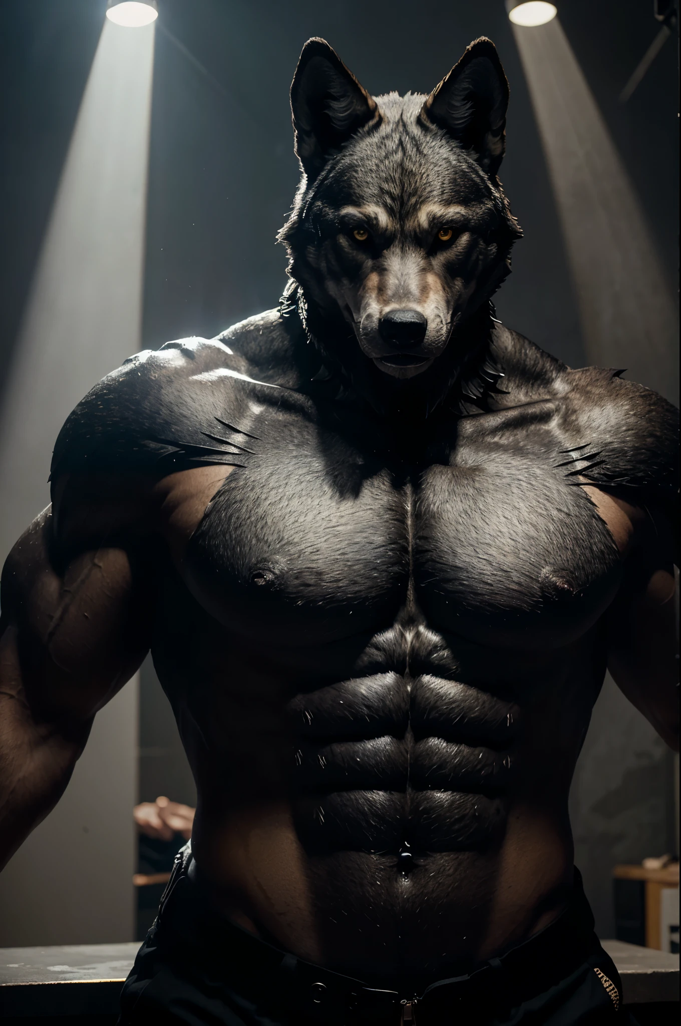 Brutal wolf, pumped up, in a jacket, arms like a wolf, sculpted body like a wolf, Surrealism, god rays, UHD, masterpiece, accurate