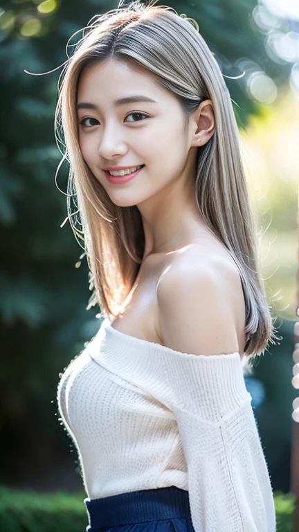 Japanese Girls、garden、((Highest quality,masterpiece,Ultra-high resolution)),(Realistic:1.4),1 girl,Head to Knee,Dynamic posture,Adult face,slim,thin、(smile),(Glowing Skin),(overview,frontage,Twilight),Gray Hair,Long white hair,Rainbow Eyes,Large Breasts,Off the shoulder、(mini skirt),(Clear Eyes),(Beautiful Nose),(Transparent lips),(Fair skin),