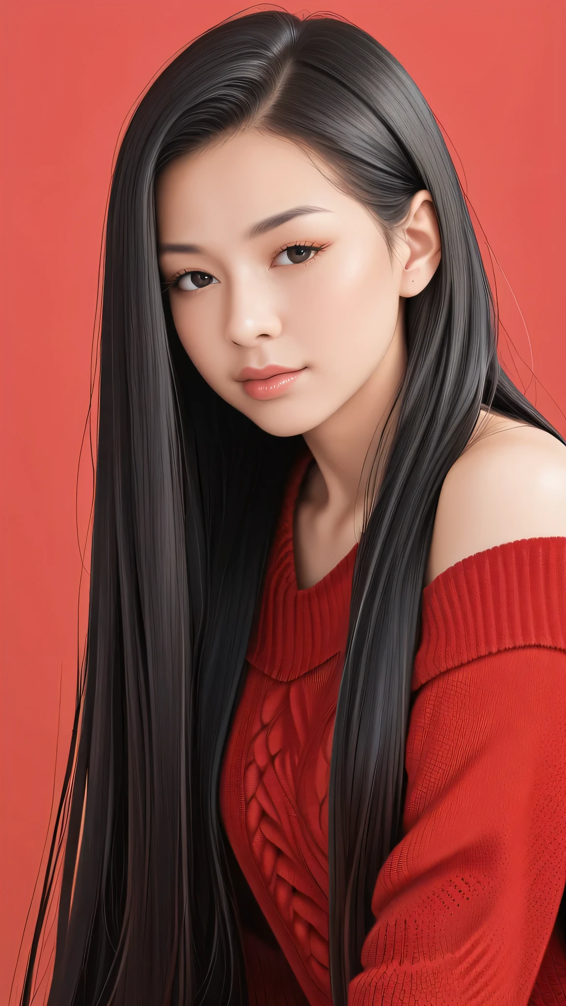 ,score_9,score_8_superior,score_7_superior, 20-year-old, 8k, High resolution, beautiful girl, Black Hair, Very long hair, Straight hair, Mouth closed,
One girl, Detailed face, Beautiful woman face, sweater, Red background, View your viewers,