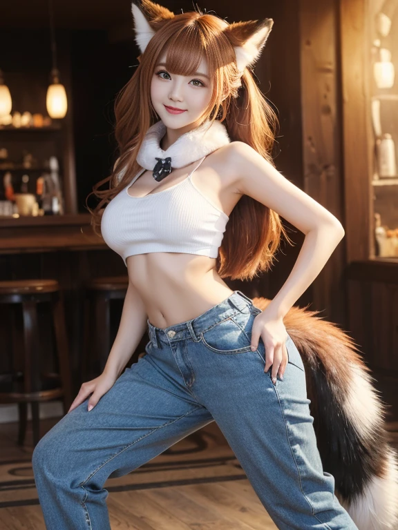 ((Highest quality, 8k)), ((masterpiece)), (Highest Resolution), Perfect Face, Fox Woman, Beautiful woman, public, Has one tail, She has thick thighs, a large tail, She has a fox tail, She wags her tail, smile, fur collar, She is wearing business pants, Beautiful Hips, A tail sticking out from a hole in his pants