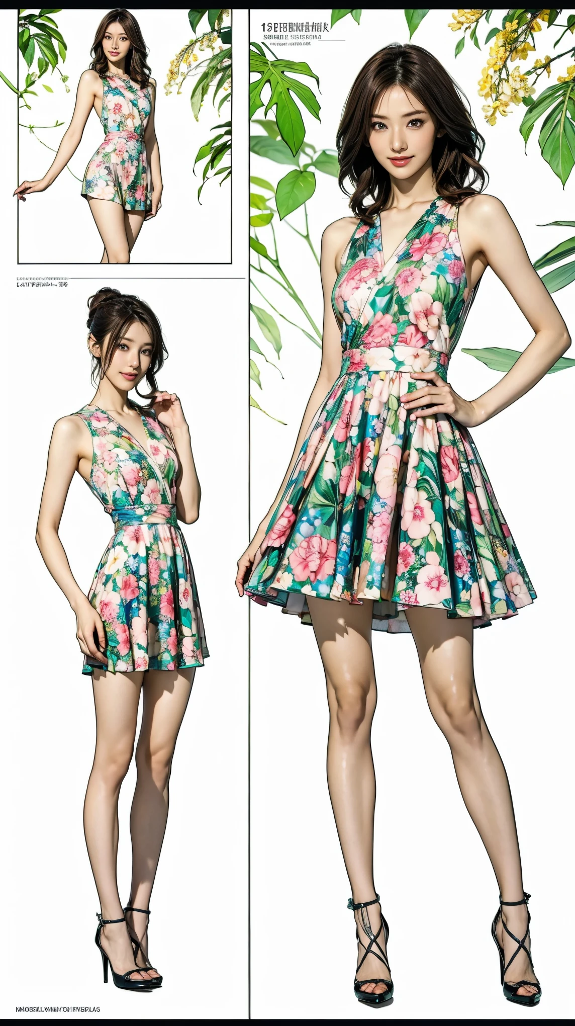 ((masterpiece)),(((Highest quality))),Character design sheet:1.5,Long legs,Slender figure:1.5,whole body:1.5,(One Girl:1.3),(Viewer Display:1.4),The best smile:1.5,(Pointy high heels:1.3),(Stand with legs apart:1.2),(Wearing a floral and plant print mini dress:1.2), Curly Hair:1.5,High waist:1.5,