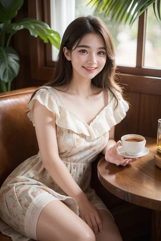 a smiling young girl with rosy cheeks, wearing an island dress, sitting on a coffee cup, beautiful detailed eyes, beautiful detailed lips, extremely detailed eyes and face, long eyelashes, hyper realistic, highly detailed, 8k, masterpiece, cinematic lighting, vibrant colors, soft focus, dreamlike, fantasy, whimsical, warm color palette