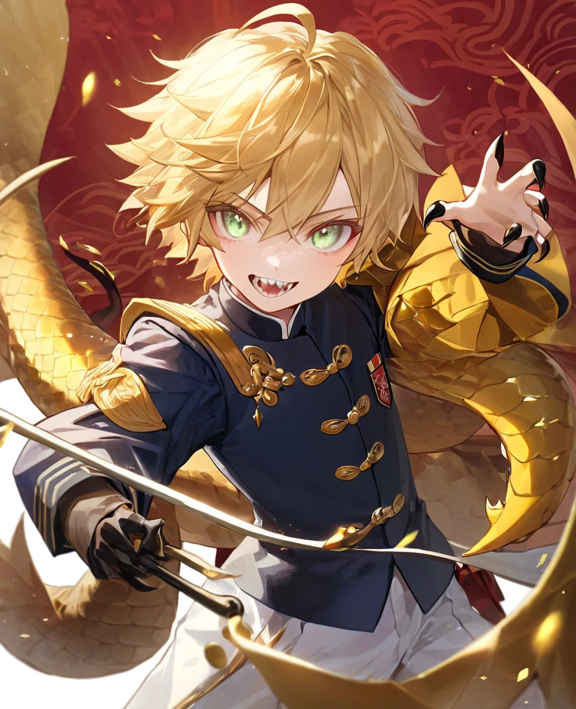 (masterpiece), Highest quality, One Boy, Dragon Man, Golden Scales, Blonde, Silver Eyes, Longitudinal pupils, (child), tooth, tail, wing, Claws, horn, Chinese style military uniform, High resolution