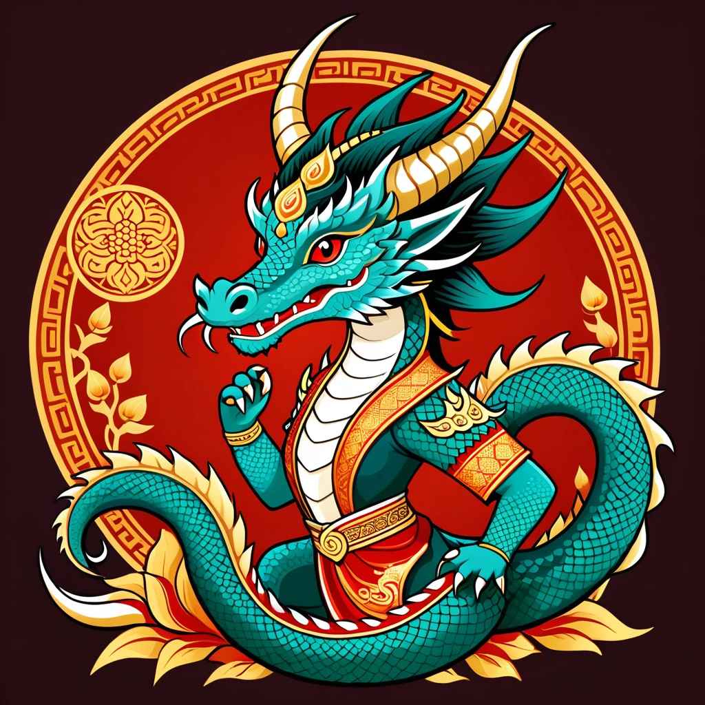 female	dragon	in thai folk outfit	,vector graphics, strong contours, logo design																						