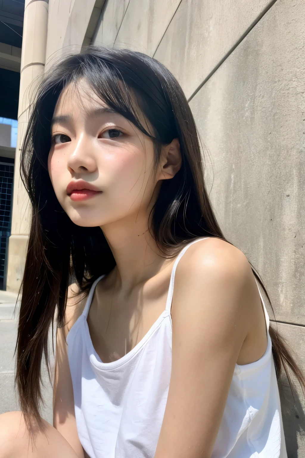 Korean girl 17 years old wearing casual summer clothes with long black hair ((realist)) ((detailed))
