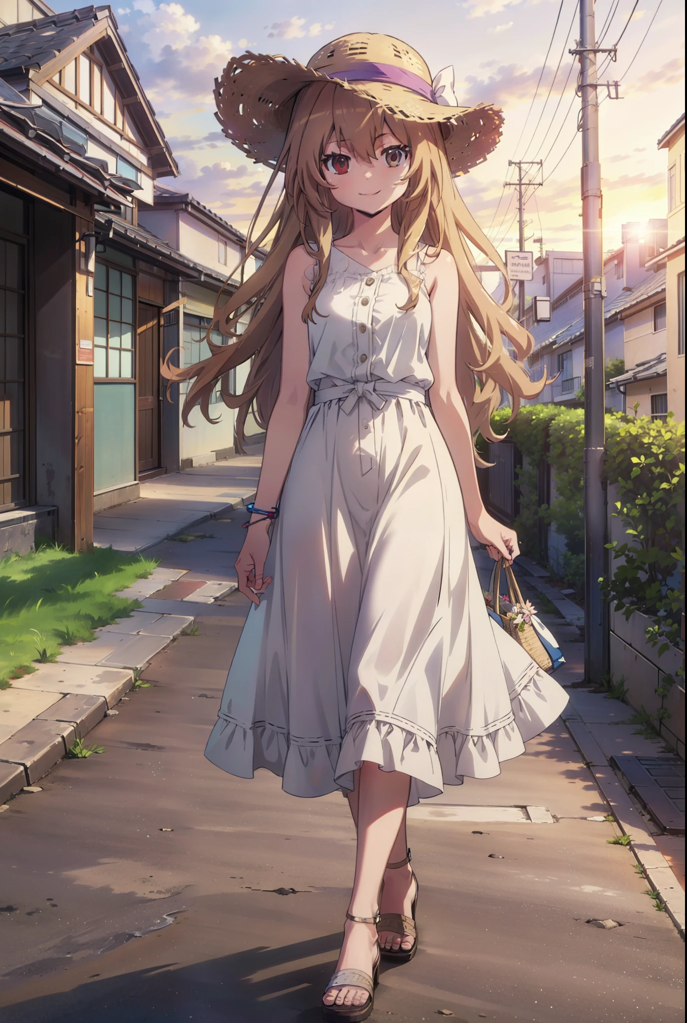 Aisaka Taiga, Aisaka Taiga, Long Hair, Brown Hair, Brown eyes,happy smile,smile, Close your mouth,Straw hat,White sleeveless dress,Long skirt,Heeled Sandals,evening,sunset,The sun is setting,whole bodyがイラストに入るように,Walking, break looking at viewer, whole body,(Cowboy Shot:1. 5),
break outdoors,Coastal Road,In town,
break (masterpiece:1.2), Highest quality, High resolution, unity 8k wallpaper, (shape:0.8), (Beautiful attention to detail:1.6), Highly detailed face, Perfect lighting, Extremely detailed CG, (Perfect hands, Perfect Anatomy),