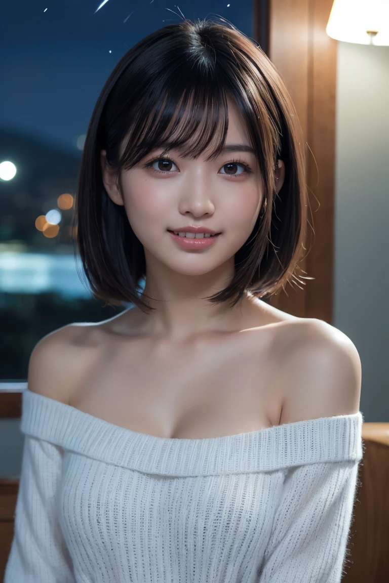 Tabletop, Highest quality, 8k, ((30 years old, 30th generation,,Mature)), RAW Photos, Absurd, Award-winning portrait, A cheerful smile, White teeth,The corners of the mouth turn up,alone, (night:1.8), Idol Face, Delicate girl,Delicate body, Upper Body, Digital SLR, View your viewers, Frank, Sophisticated,Thin arms, Thin body,Stroking the shoulder,Long, thin neck,Professional Lighting, Film Grain, chromatic aberration, (Eyes and 顔s with detailed:1.0) , Black-haired , shortcut,Bans, double eyelid, drooping eyes , Small breasts,Knitted Products,White knitwear,Knitted Products,texture,shoulders protruding,((Drop shoulder)),Cleavage,胸に光がShine,Shiny breasts,Shine胸,Shine,((Mature look))