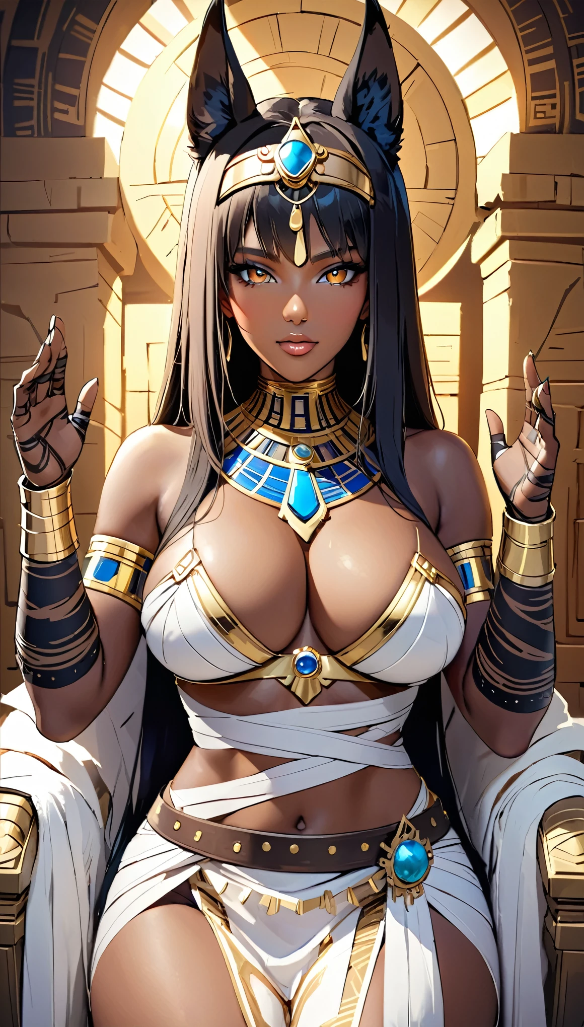 (masterpiece:1.2, Highest quality,Highest quality,Super detailed),8k,Wallpaper Female Anubis God,(Detailed face,Beautiful Face,Beautiful Skin,Dark Skin,Beautiful Hair),(Functional),(Revealing outfits),(Shining Jewelry),(Shiny Costumes),(Mummy Treatment:1.3),(Hand,detailed,perfect,perfection,hands),(((Detailed hands,Beautiful female hands)))