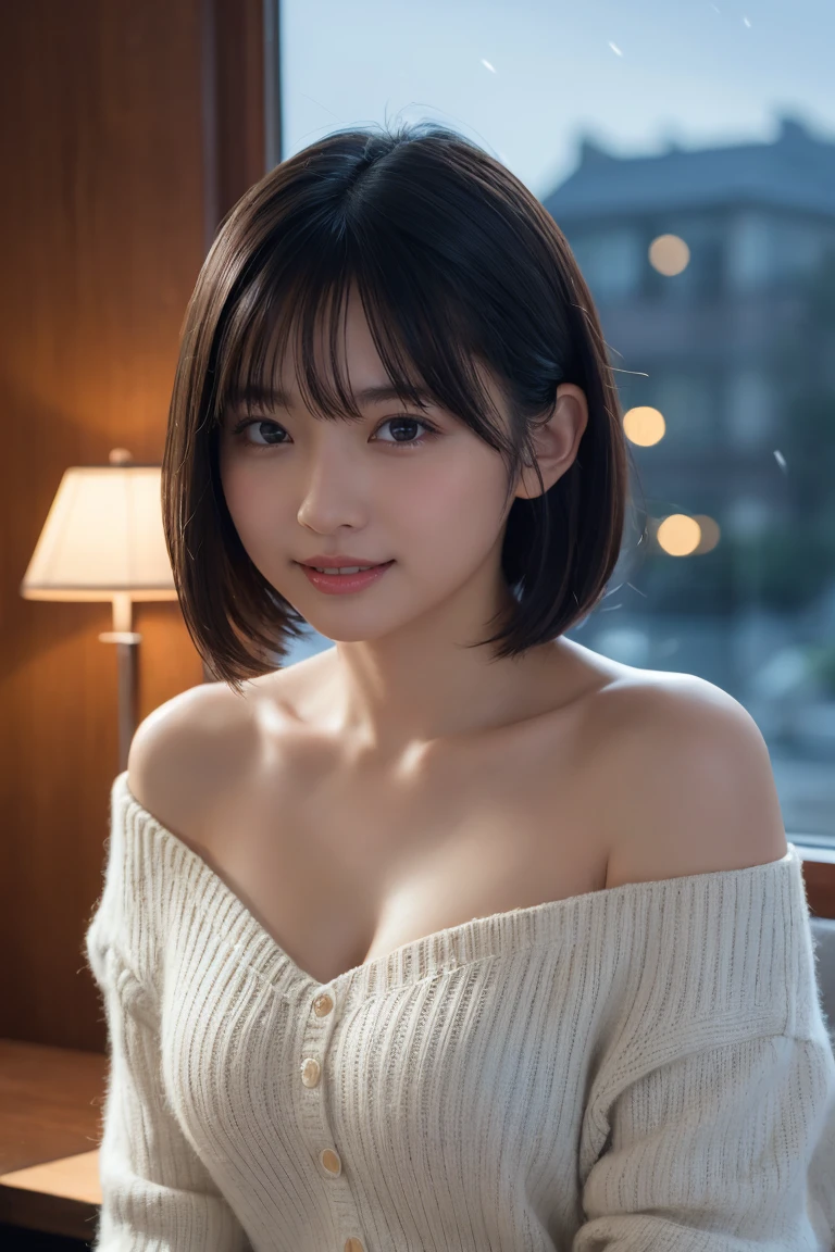 (masterpiece:1.3), (8K, Photorealistic, Raw photo, Best image quality: 1.4), Japanese girl、(Random Hairstyles:1.2)、Cleavage:1.2、Super detailed face、Attention to detail、double eyelid、Put your chest together、Sharp focus:1.2、Beautiful woman:1.4、Light brown hair、Highest quality、masterpiece、Ultra-high resolution、(Photorealistic:1.4)、Highly detailed and professionally lit smile、Loose, lightweight knitwear、Shoulder out、thin、Serious expression、Short-haired、Deadly position、Nogizaka Idol、Korean Idol、Gravure idol pose、、Age 25、expensive、Cafe、restaurant、Italy、American、Australia、Glamour、side、hot spring、