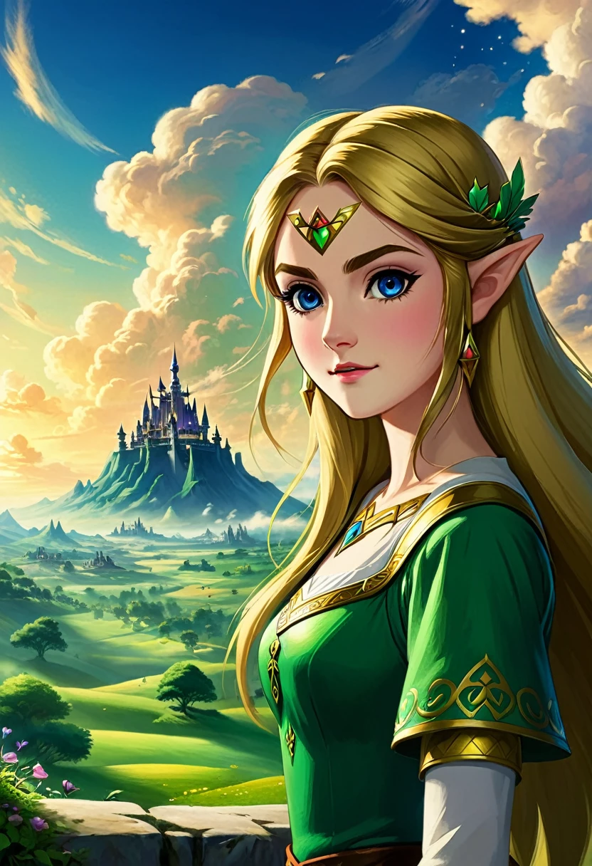 LA légende de Zelda、Yeux verts impressionnants、long cils、nez délicat、Belle et délicate princesse Zelda aux lèvres charnues、Posant avec grâce dans un paysage sombre et fantastique、Nuages d&#39;orage spectaculaires dans le ciel、Les arbres sombres qui l&#39;entourent々々Ruines antiques avec des feuilles restantes、Un monstre géant de l’ombre se cache en arrière-plan、Éclairage de cinéma、Texture complexe et détaillée、couleurs vives、art numérique、art conceptuel、Peinture mate、Moteur irréel、8k、Très sophistiqué、Réaliste、edobhorreurpaysage