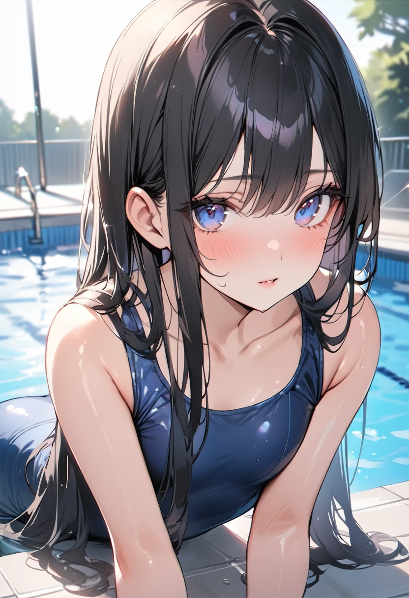 ((Highest quality))、((masterpiece))、(detailed)、((Anatomically correct))、(High resolution、8k)、(Beautiful Skin:1.1)、One woman、Look at me、Shiny black hair、long hair、Straight Hair、(Beautiful eyes:1.2)、School Swimsuit、Pool
