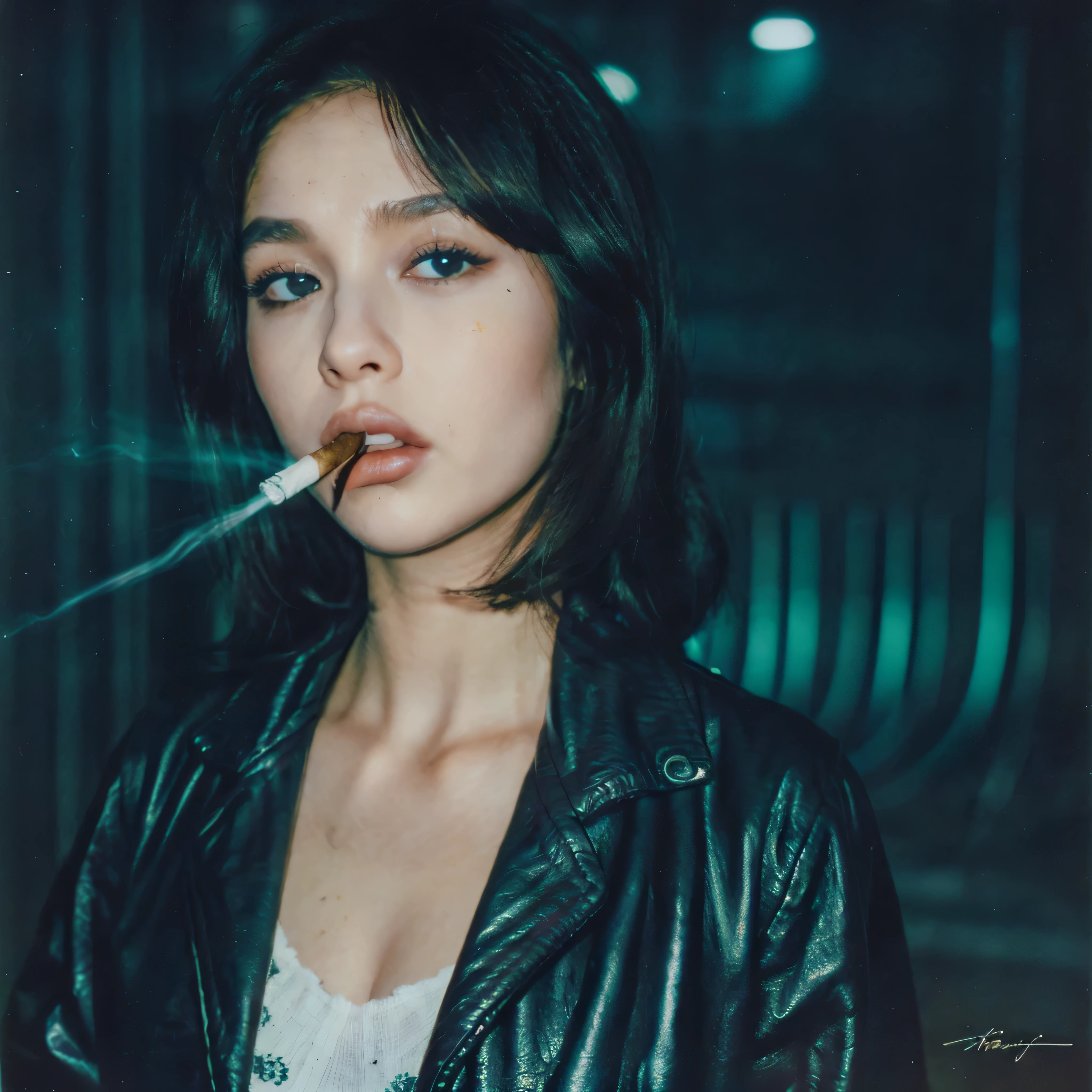 (Best Quality, Masterpiece, Ultra High Definition, High resolution, highly detailed, High Definition Face:1.5), 20-year-old woman, 1 beautiful woman, (full body photo:1.4), (Beautiful woman wearing a leather jacket, smoking a cigarette, cigarette in mouth:1.3), (beautiful eyes, light in the eyes), eyes are in focus, white skin, Glossy, shiny skin, very Fair skin, (film photography style, photo with strong shadows, Background neon light, City of night, cyber punk:1.2), frown, violently fluttering hair, very long hair styles, Slim, Big Breasts