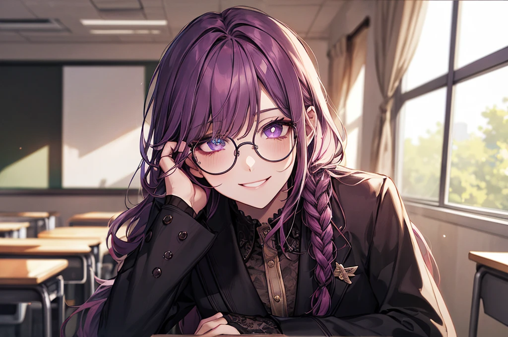 men's,single braid hair,violet colored hair,(Eye 1:2,Clear eyes,Elaborate Eyes,Delicate pupils,Good eyes,eye detailed),Face Focus,Adult,In black suit,best qualtiy,facial detailing,Classroom,sit on desk,sitting in the couch,lazy,Detailed background,diffuse sunlight,depth of fields,Studying Smiling at your desk, violet eyes,black gloves, round glasses, long sleeves,violet hair, smile,