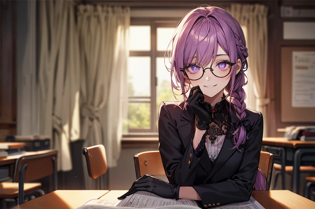 men's,single braid hair,violet colored hair,(Eye 1:2,Clear eyes,Elaborate Eyes,Delicate pupils,Good eyes,eye detailed),Face Focus,Adult,In black suit,best qualtiy,facial detailing,Classroom,sit on desk,sitting in the couch,lazy,Detailed background,diffuse sunlight,depth of fields,Studying Smiling at your desk, violet eyes,black gloves, round glasses, long sleeves,violet hair, smile,