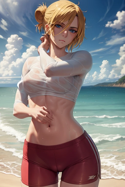 masterpiece,best quality,high resolution,8k,ultra HD,wallpaper,illustration,beautiful detailed eyes,perfect face,cowboy shot,beautiful detailed eyes,extremely detailed face,perfect lighting,extremely detailed CG,perfect hands,perfect anatomy,perfect body,perfect hands,perfect fingers,1woman,full body,,(muscle fighter:1.1),yellow single bun hair,Blue eyes,large breasts,Medium ass,medium nipples,white tube top,black very short hot pants,clothed,looking at viewer,sexy look running pose,cameltoe,Steam,Wet,sweat,1person,Sandy Beach