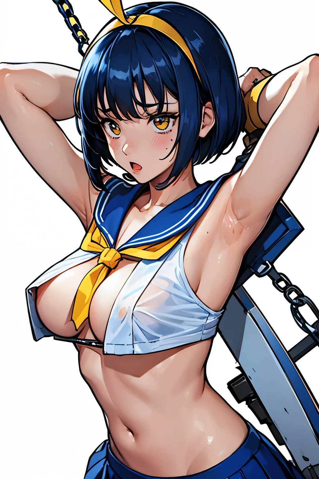 Asuka Honda、明日香、ASKA120%、Blue Hair、Bobcut、Dark Eyes、Yellow ribbon on the head、White Sailor Suit、A large yellow ribbon on the chest、Blue Skirt、Defeated、Captive、Detained、Crucified on the Cross、Chain bondage、He is tied up with his arms spread wide、Disheveled Sailor Uniform、Torn sailor suit、Torn Skirt、Exposed skin、Pants exposure、Bra Exposure、、My skirt got torn、Showing off、Nipple erection、Estrus、Ahegao、Scared、Feeling embarrassed、blush、Ahegao、Acme Face、Explosive Chemicals、(((SFW、sound、Highest quality、first-clasasterpiece、Normal body、8k、Detailed face、Ultra-precision、Normal hand、Normal finger、5Finger、Highest)))