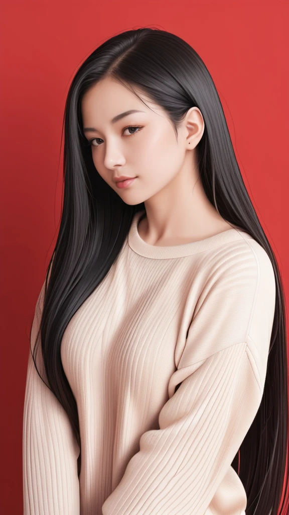 ,score_9,score_8_superior,score_7_superior, 20-year-old, 8k, High resolution, beautiful girl, Black Hair, Very long hair, Straight hair, Mouth closed,
One girl, Detailed face, Beautiful woman face, sweater, Red background, View your viewers,