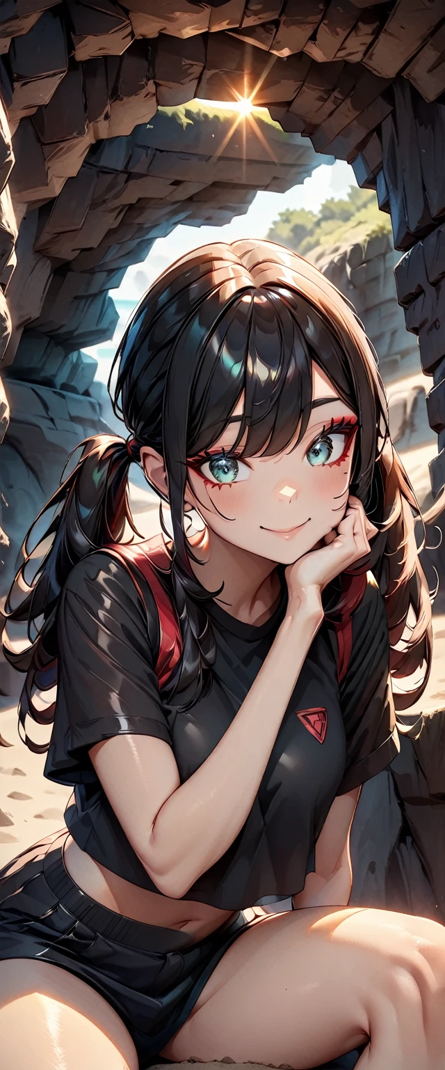 Photo of a girl with natural skin, ((Baby Face)), Smiling, ((Sitting, Leaning forward, Cheek resting on hand)), From the side, Round face, A girl wearing mainly black and red, ((Upper Body)), Beach cave, The light is shining in, High Twintails, Black hair with red mesh, Sharp eyes with red eyeshadow, Blue-green eyes, Shining eyes, A thin, upturned nose, Well-shaped lips, ((crop top overhang, Short sleeve, Black clothes, Thighs, Glamour body)), Makeup, Exquisitely crafted with the utmost attention to detail, Vibrant, amazing, Smooth, Cinematic, 4K, Backlight, (()), Shallow depth of field, ((Detailed eyes:1.3, Detailed lips:1.3, high quality, )), masterpiece, Super detailed images, High quality