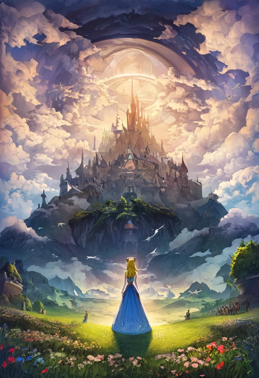 LA légende de Zelda、Yeux verts impressionnants、long cils、nez délicat、Belle et délicate princesse Zelda aux lèvres charnues、Posant avec grâce dans un paysage sombre et fantastique、Nuages d'orage spectaculaires dans le ciel、Les arbres sombres qui l'entourent々々Ruines antiques avec des feuilles restantes、Un monstre géant de l’ombre se cache en arrière-plan、Éclairage de cinéma、Texture complexe et détaillée、couleurs vives、art numérique、art conceptuel、Peinture mate、Moteur irréel、8k、Très sophistiqué、Réaliste、edobhorreurpaysage