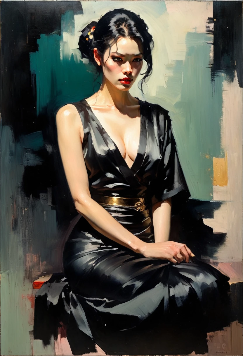 malcolm liepke painting on sensual illustration of an elegant samurai, riot games concept art beauty, eerie, the model draped in flowing, thick oil painting, extremely soft colors, vibrant, highly detailed, , oil on linen,  high contrast, dramatic, refined, tonal, Create high contrast between light and shadow, impactful paint of portrait of a man  highly detailed,   8k,   sharp,  professional, clear,   high contrast, high saturated, , vivid deep blacks, crystal clear, cleavage, short skirt