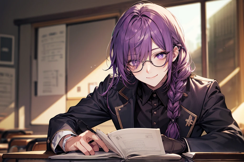 men's，single braid hair，violet colored hair，（Eye 1：2，Clear eyes，Elaborate Eyes，Delicate pupils，Good eyes，eye detailed），Face Focus，Adult，In black suit，best qualtiy，facial detailing，‎Classroom，sit on desk，sitting in the couch，lazy，Detailed background，diffuse sunlight，depth of fields，Studying　Smiling at your desk, violet eyes,black gloves, round glasses, long sleeves,violet hair, smile,