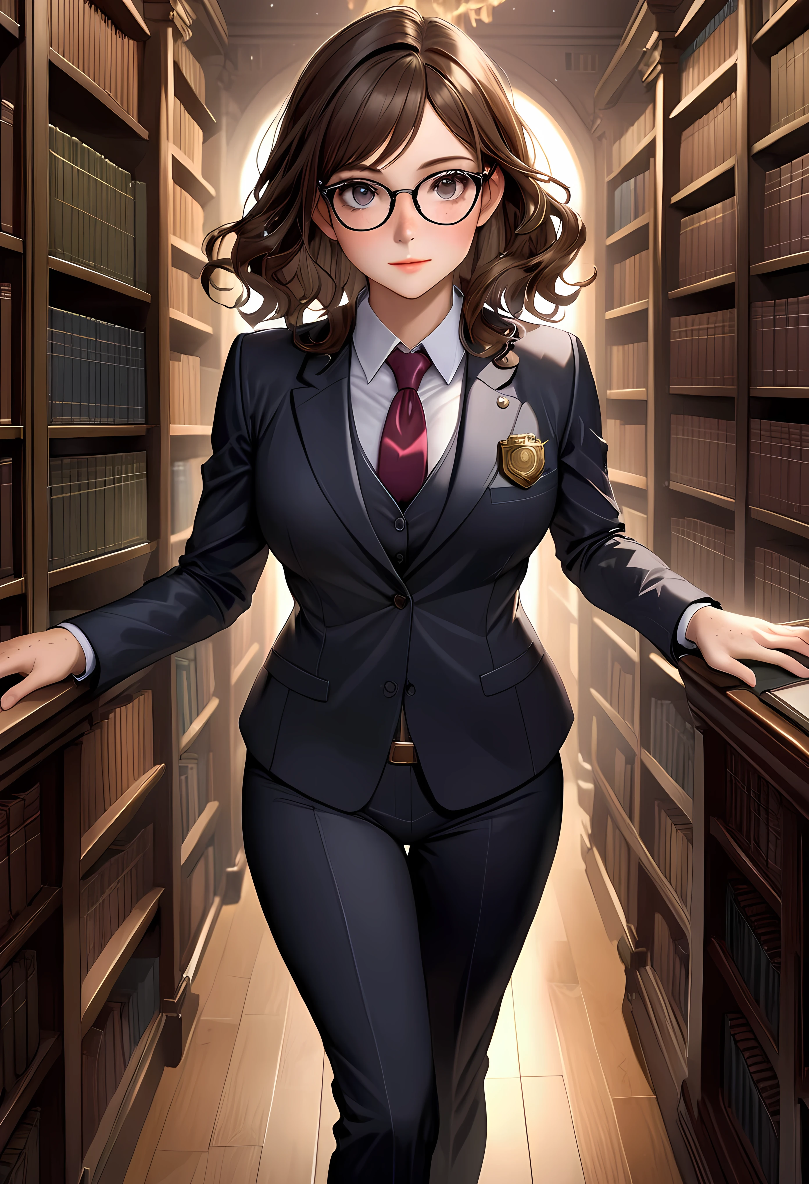 Create a breathtaking, ultra-high-definition image in 16K resolution that captures the elegance and intelligence of a library scene, with a realistic photo aesthetic. | Visualize a beautiful brunette female lawyer with cute freckles, striking eyes, and a confident expression. She exudes authority and grace as she reads several books in the library, wearing a stylish lawyer suit adorned with a lawyer badge and glasses. Her hair is styled in a professional manner, complementing her sophisticated look. | The scene is set in a grand library, with warm, ambient lighting that highlights the lawyer and her studious demeanor. The background features rows of bookshelves filled with books, adding to the scholarly atmosphere of the scene. The library itself is ornate and classical, adding a sense of timeless knowledge and wisdom. | Capture the lawyer in a dynamic pose, showcasing her concentration and dedication to her studies. Her expression should convey a sense of intelligence and curiosity as she delves into the books. The camera angle should emphasize her full body, highlighting the intricate details of her suit, her glasses, the lawyer badge, and her poised posture. | The overall ambiance should integrate rich colors and detailed textures, creating a sense of depth and immersion in this intellectual setting. Ensure anatomical correctness, with a focus on ultra-detailed textures and high-quality rendering, capturing every nuance of the lawyer's appearance and her stylish attire. This masterpiece should embody the spirit of professionalism and elegance, immersing viewers in its lifelike depiction. | Keywords: (brunette female lawyer:1.3), ((realistic photo)), ((cute freckles):1.2), ((stylish lawyer suit):1.2), ((lawyer badge):1.2), ((glasses):1.2), ((striking eyes):1.2), ((library scene)), ((dynamic pose)), ((professional hair)), ((detailed textures)), ((high quality)).