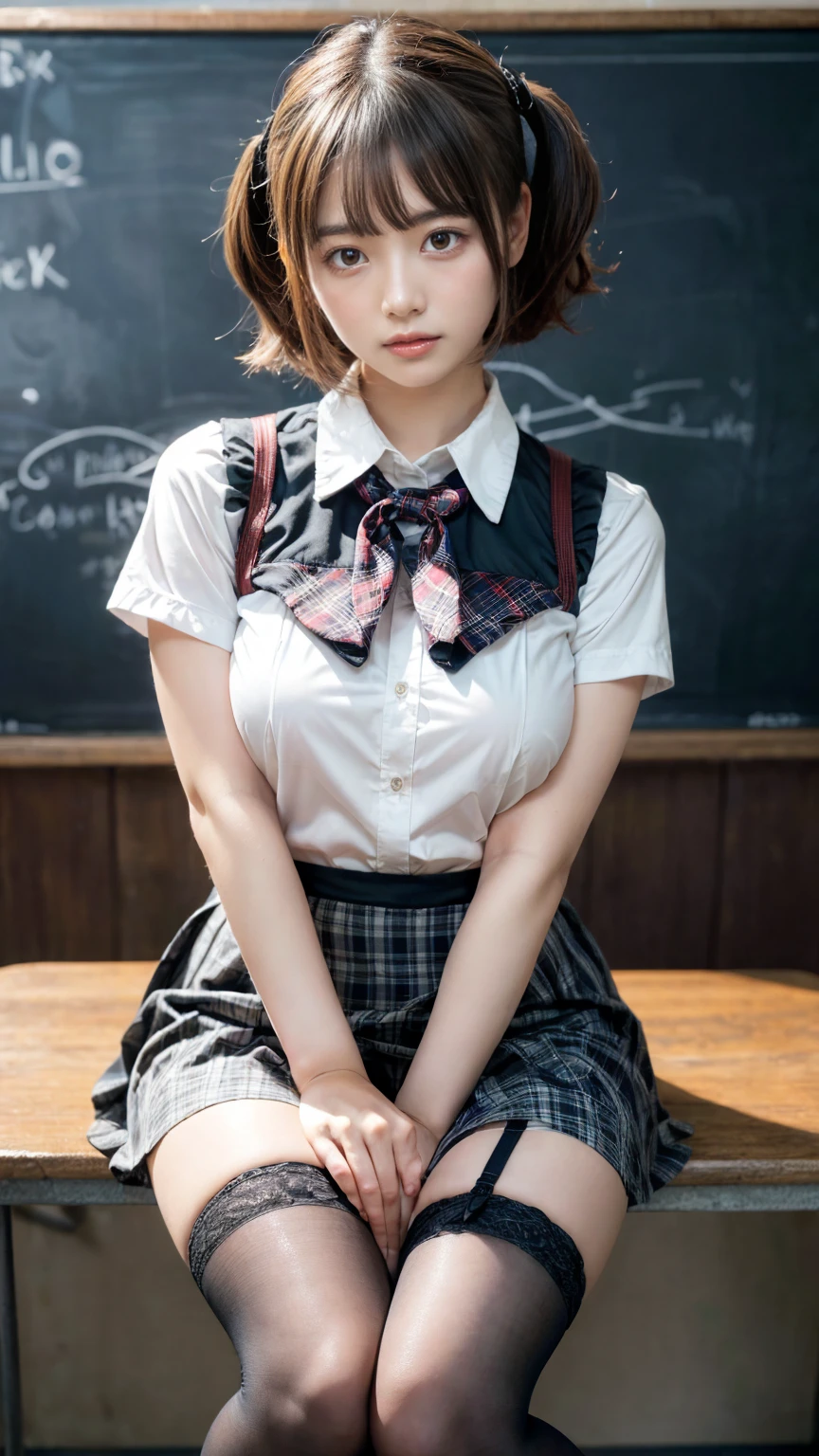 masterpiece, best quality, illustration, Super detailed, fine details, High resolution, 8K,wall paper, perfect dynamic composition,(Details High quality, realistic depiction of eyes:1.3), (white school shirt :1.2), (plaid skirt :1.3), tie black, black thigh-high stockings, sitting, open legs, short bob hair, in a classroom, blackboard in the background, deep on field, large breasts, black hair color, Big Natural Color Lip, (perfect body shape), crying a little、Harajuku style、30 year old girl、cute type、ta、beautiful legs, Gravure Idol