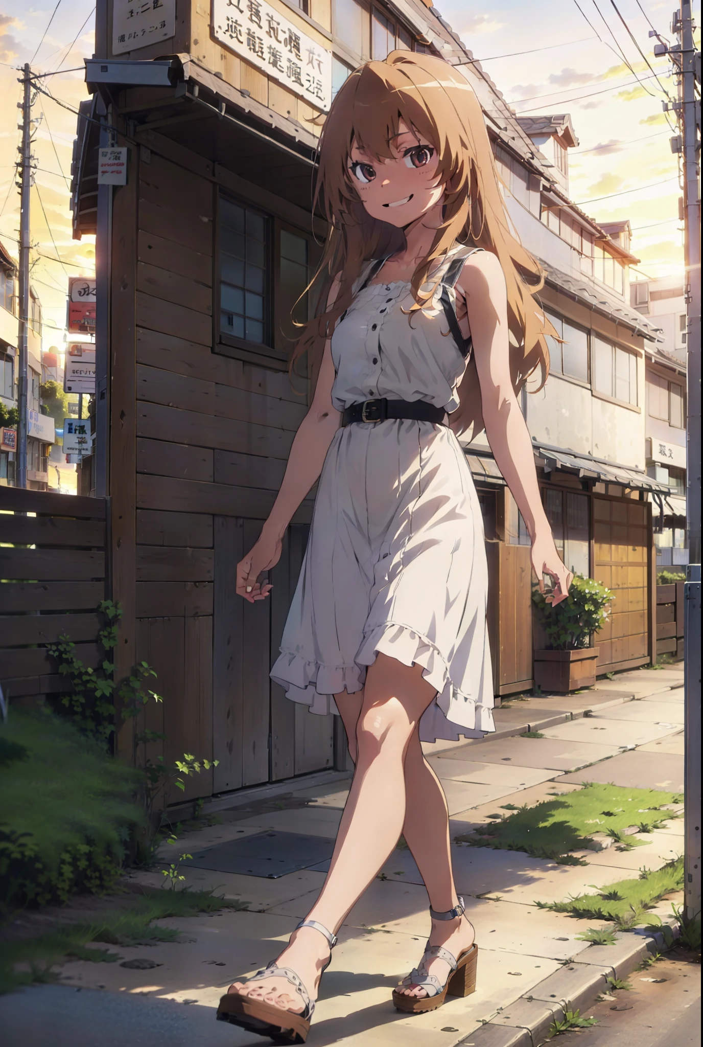 Aisaka Taiga, Aisaka Taiga, Long Hair, Brown Hair, Brown eyes,happy smile,smile, Open your mouth,Straw hat,White sleeveless dress,Long skirt,Heeled Sandals,evening,sunset,The sun is setting,whole bodyがイラストに入るように,Walking, break looking at viewer, whole body,
break outdoors,Coastal Road,In town,
break (masterpiece:1.2), Highest quality, High resolution, unity 8k wallpaper, (shape:0.8), (Beautiful attention to detail:1.6), Highly detailed face, Perfect lighting, Extremely detailed CG, (Perfect hands, Perfect Anatomy),