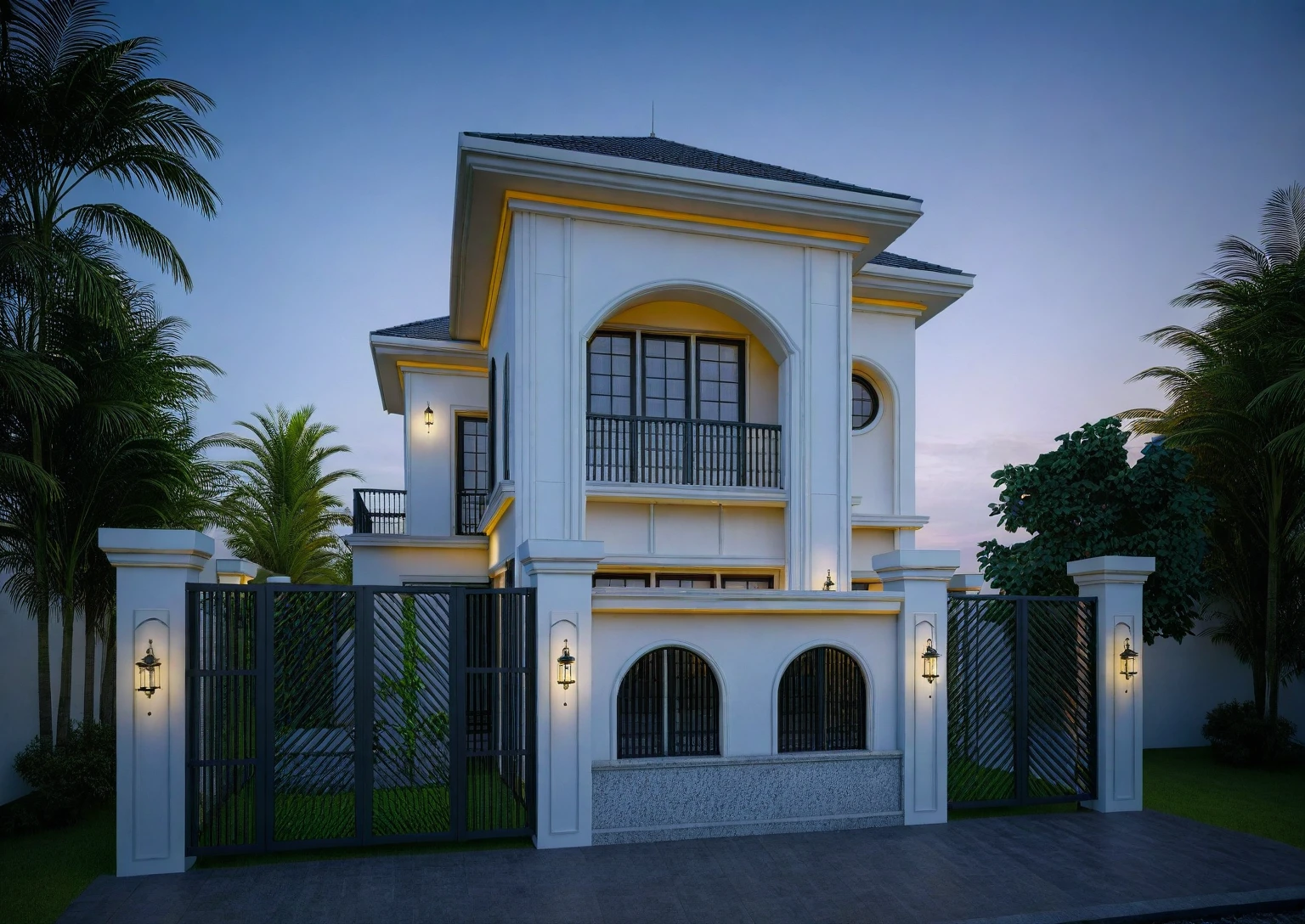(masterpiece),(high quality), best quality, real,(realistic), super detailed,(full detail),(4k),8k,modern house exterior design,Modern architecture,white_house,Beautiful_sky,sunrise_light,(gentle light),((no_strong_contrast)), no_humans, outdoors,sky,((Tropical_trees)),Coconut_trees,Palm trees,Pool and Garden_flower_front_of_building,pool villa,(strong interior light),