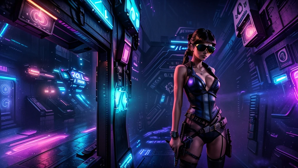 at night. sci-fi city street, neon-themed artwork with vibrant purple and blue colors, intense neon lights illuminating the entire scene, a dense layer of mist creating a dreamy atmosphere, a captivating and mesmerizing background with intricate details, a gaming-inspired theme with RGB lighting effects, showcasing the perfect combination of technology and art. (((1girl, solo, alone))), female assassin, large-breast:1.4 slim:0.8 body, medium hair, cleavage:1.1, sexy micro laced lingerie, (black sunglasses), (((((she raised a pistol:1.8 and shot the viewer))))), standing pose, ((half-body thigh:0.95 level medium shot)), cinematic lighting, lens flare, ray tracing.