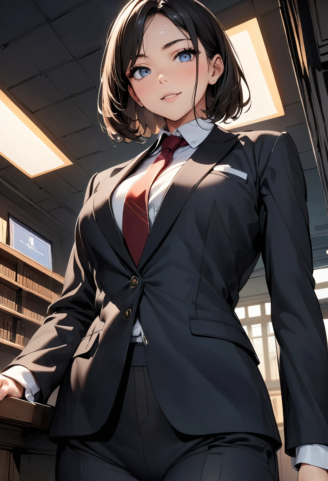 court, Very detailed, lawyer, White shirt, Slender suit, (lawyerバッジ:1.2, The Encyclopedia of Six Laws), Complex eyes, Kind Face, Black Hair, Short Bob, 女性lawyer:1.4, Bright lighting, (Highest quality:1.2, Detailed illustrations, Attention to detail, masterpiece:1.2, Highest quality, Best aesthetics),