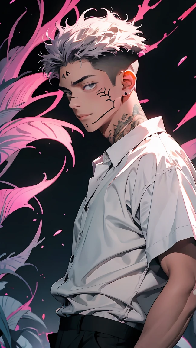 highest quality, 8K, high resolution image, anime style Jujutsu Kaisen, detailed strokes, bored look, blurry, purple light reflecting from it, (close angle), 1 man, male, model, (Ryomen Sukuna's Tattoos) ,Hand in pocket, cool guy, multicolored background with different geometric shapes, around stickers, muscular, grey hair, grey eyes, short hair hairstyle: undercut, puffy chest. he is wearing a white shirt collared shirt hair slicked backblack suit, hand in trouser pocket, gold link chain, background: City, big city streets