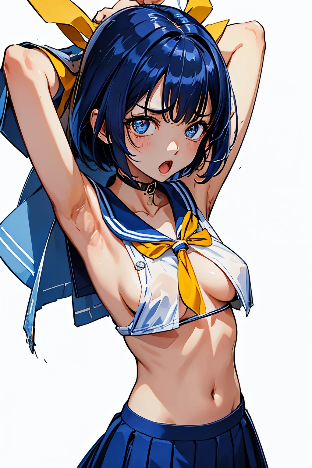 Asuka Honda、明日香、ASKA120%、Blue Hair、Bobcut、Dark Eyes、Yellow ribbon on the head、White Sailor Suit、A large yellow ribbon on the chest、Blue Skirt、Defeated、Captive、Detained、Crucified on the Cross、Chain bondage、He is tied up with his arms spread wide、Disheveled Sailor Uniform、Torn sailor suit、Torn Skirt、Exposed skin、Pants exposure、Bra Exposure、、My skirt got torn、Showing off、Nipple erection、Estrus、Ahegao、Scared、Feeling embarrassed、blush、Ahegao、Acme Face、Open your mouth and stick out your tongue、Explosive Chemicals、（（（ＳＦＷ、sound、Highest quality、first-clasasterpiece、Normal body、8k、Detailed face、Ultra-precision、Normal hand、Normal finger、５Finger、Highest）））