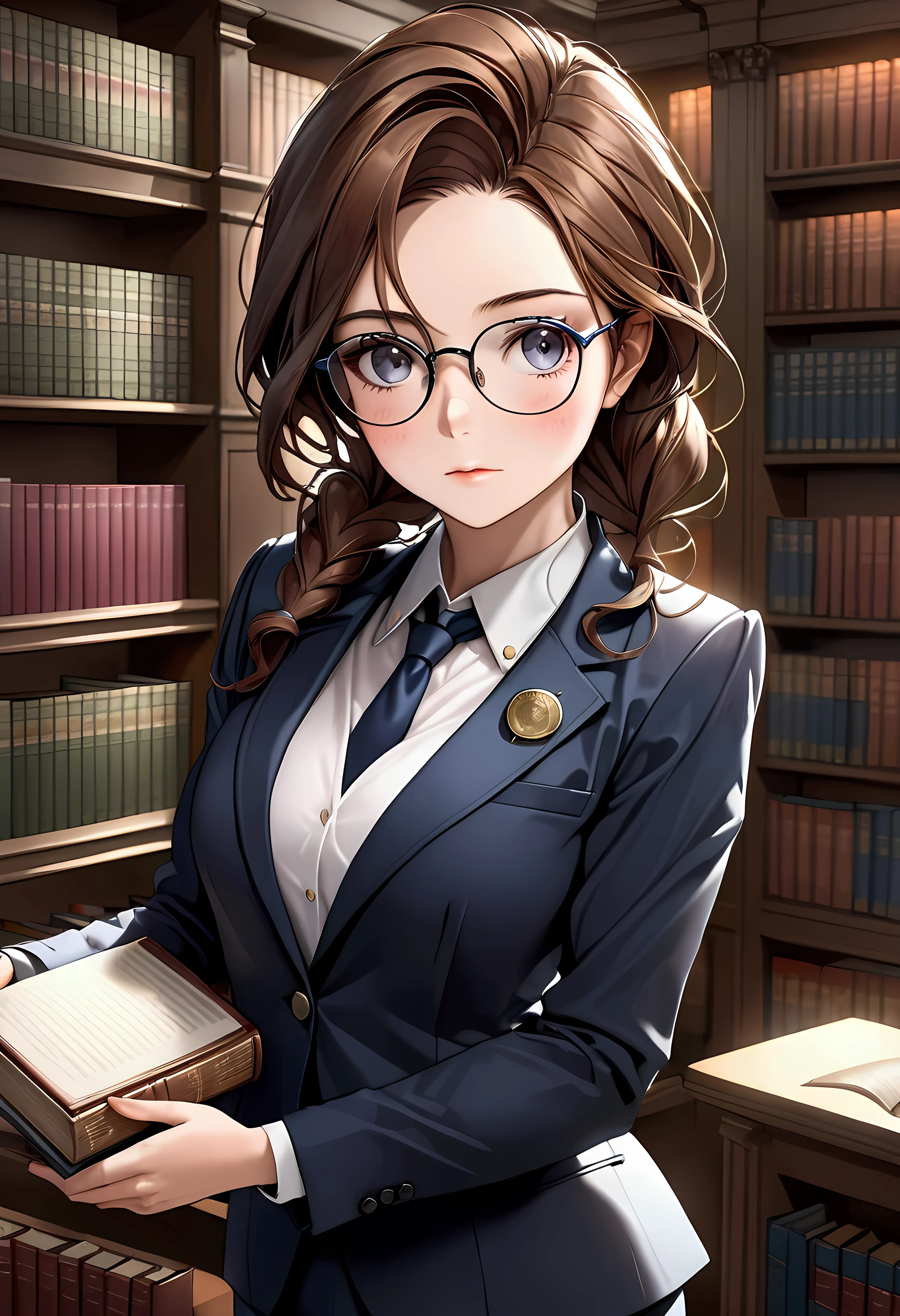 Create a breathtaking, ultra-high-definition image in 16K resolution that captures the elegance and intelligence of a library scene, with a realistic photo aesthetic. | Visualize a beautiful brunette female lawyer with cute freckles, striking eyes, and a confident expression. She exudes authority and grace as she reads several books in the library, wearing a stylish lawyer suit adorned with a lawyer badge and glasses. Her hair is styled in a professional manner, complementing her sophisticated look. | The scene is set in a grand library, with warm, ambient lighting that highlights the lawyer and her studious demeanor. The background features rows of bookshelves filled with books, adding to the scholarly atmosphere of the scene. The library itself is ornate and classical, adding a sense of timeless knowledge and wisdom. | Capture the lawyer in a dynamic pose, showcasing her concentration and dedication to her studies. Her expression should convey a sense of intelligence and curiosity as she delves into the books. The camera angle should emphasize her full body, highlighting the intricate details of her suit, her glasses, the lawyer badge, and her poised posture. | The overall ambiance should integrate rich colors and detailed textures, creating a sense of depth and immersion in this intellectual setting. Ensure anatomical correctness, with a focus on ultra-detailed textures and high-quality rendering, capturing every nuance of the lawyer's appearance and her stylish attire. This masterpiece should embody the spirit of professionalism and elegance, immersing viewers in its lifelike depiction. | Keywords: (brunette female lawyer:1.3), ((realistic photo)), ((cute freckles):1.2), ((stylish lawyer suit):1.2), ((lawyer badge):1.2), ((glasses):1.2), ((striking eyes):1.2), ((library scene)), ((dynamic pose)), ((professional hair)), ((detailed textures)), ((high quality)).