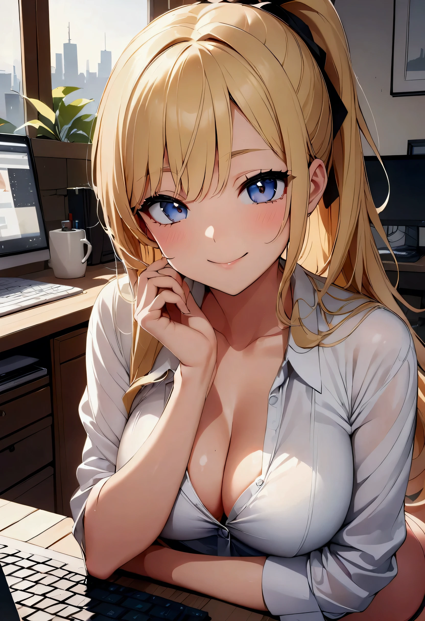 (high resolution,high quality)anime、Beauty、cute、Stylish、ponytail、Sexy、View your viewers、smile、In a beautiful house、computer、Working