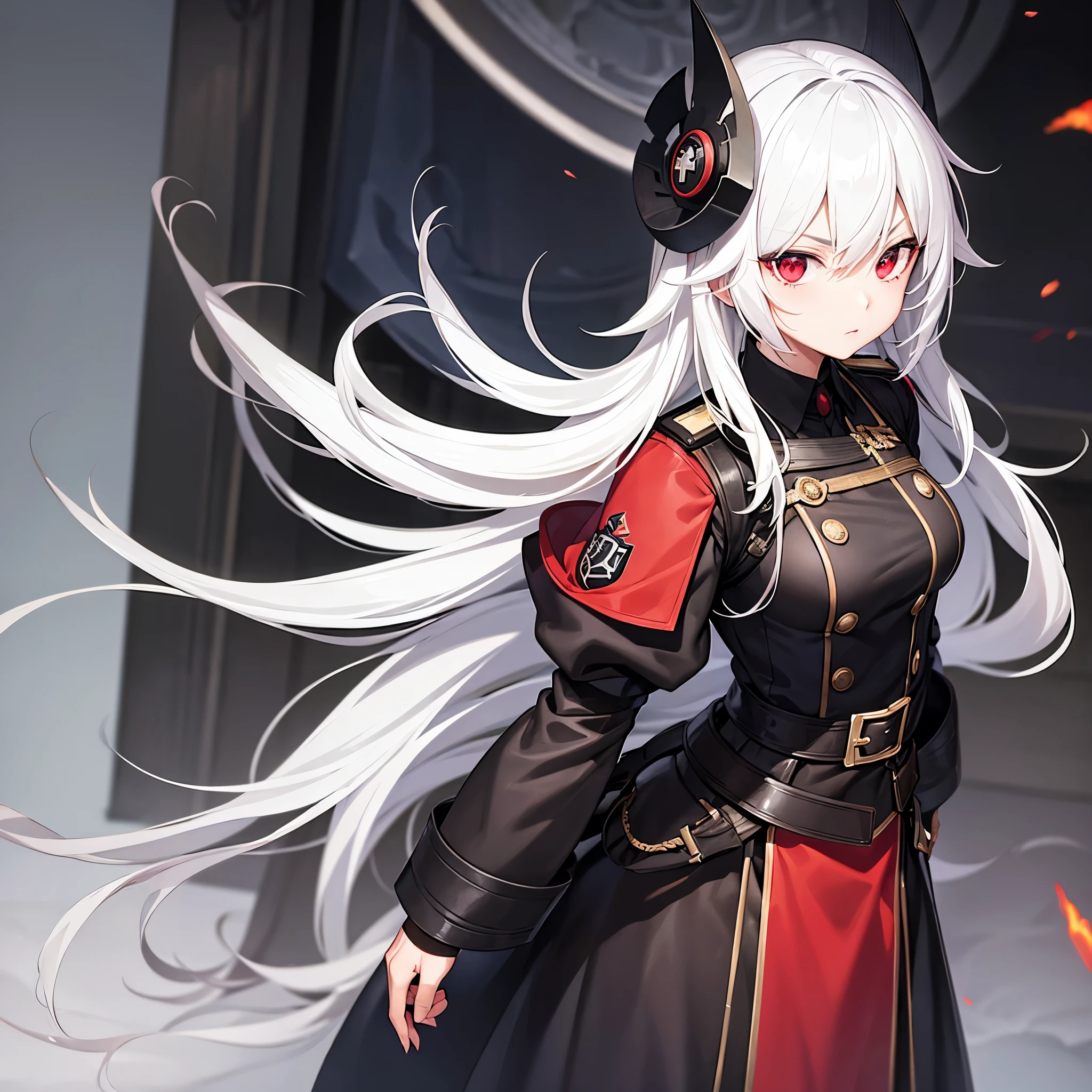 Black german world war 2 outfit, young 18 year old female, white hair, red eyes, serious expression, hentai, anime style.