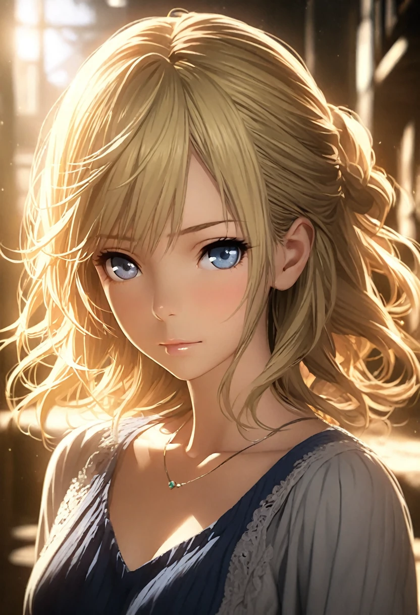 portrait, Practical, blue eyes, Blonde hair, Mid-chest, 4K resolution, High quality CG, Beautiful CG, Soft Light, Octane Rendering