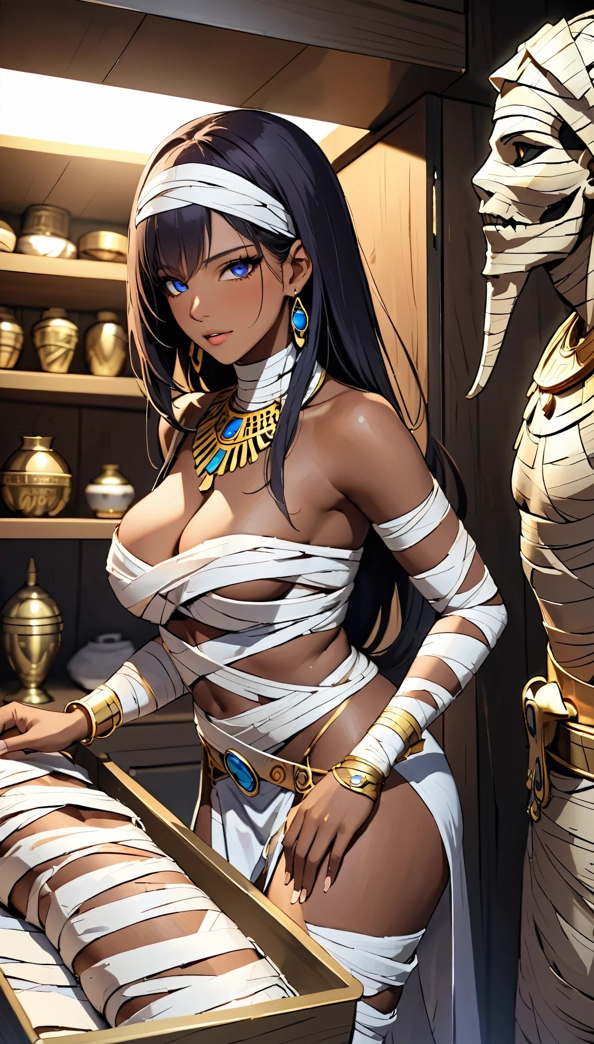 (masterpiece:1.2, Highest quality,Highest quality,Super detailed),8k,Wallpaper Female Anubis God,(Detailed face,Beautiful Face,Beautiful Skin,Dark Skin,Beautiful Hair),(Functional),(Revealing outfits),(Shining Jewelry),(Shiny Costumes),(Perform a procedure on a mummy in the mummy storage room:1.4)