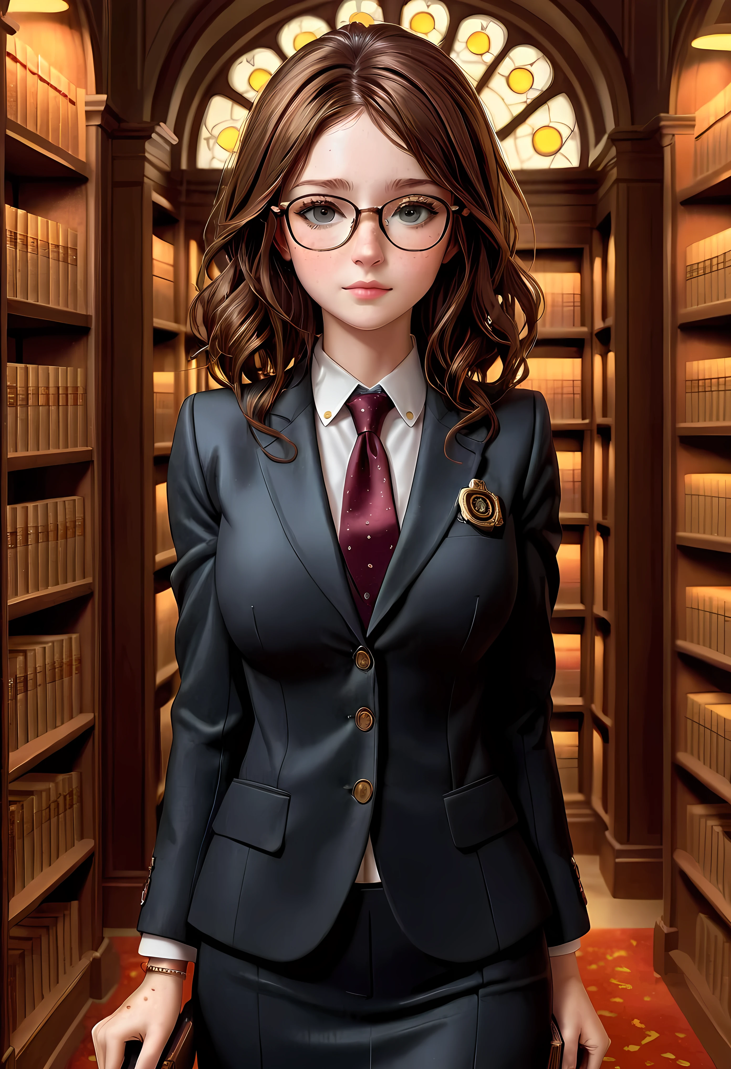 Create a breathtaking, ultra-high-definition image in 16K resolution that captures the elegance and intelligence of a library scene, with a realistic photo aesthetic. | Visualize a beautiful brunette female lawyer with cute freckles, striking eyes, and a confident expression. She exudes authority and grace as she reads several books in the library, wearing a stylish lawyer suit adorned with a lawyer badge and glasses. Her hair is styled in a professional manner, complementing her sophisticated look. | The scene is set in a grand library, with warm, ambient lighting that highlights the lawyer and her studious demeanor. The background features rows of bookshelves filled with books, adding to the scholarly atmosphere of the scene. The library itself is ornate and classical, adding a sense of timeless knowledge and wisdom. | Capture the lawyer in a dynamic pose, showcasing her concentration and dedication to her studies. Her expression should convey a sense of intelligence and curiosity as she delves into the books. The camera angle should emphasize her full body, highlighting the intricate details of her suit, her glasses, the lawyer badge, and her poised posture. | The overall ambiance should integrate rich colors and detailed textures, creating a sense of depth and immersion in this intellectual setting. Ensure anatomical correctness, with a focus on ultra-detailed textures and high-quality rendering, capturing every nuance of the lawyer's appearance and her stylish attire. This masterpiece should embody the spirit of professionalism and elegance, immersing viewers in its lifelike depiction. | Keywords: (brunette female lawyer:1.3), ((realistic photo)), ((cute freckles):1.2), ((stylish lawyer suit):1.2), ((lawyer badge):1.2), ((glasses):1.2), ((striking eyes):1.2), ((library scene)), ((dynamic pose)), ((professional hair)), ((detailed textures)), ((high quality)).