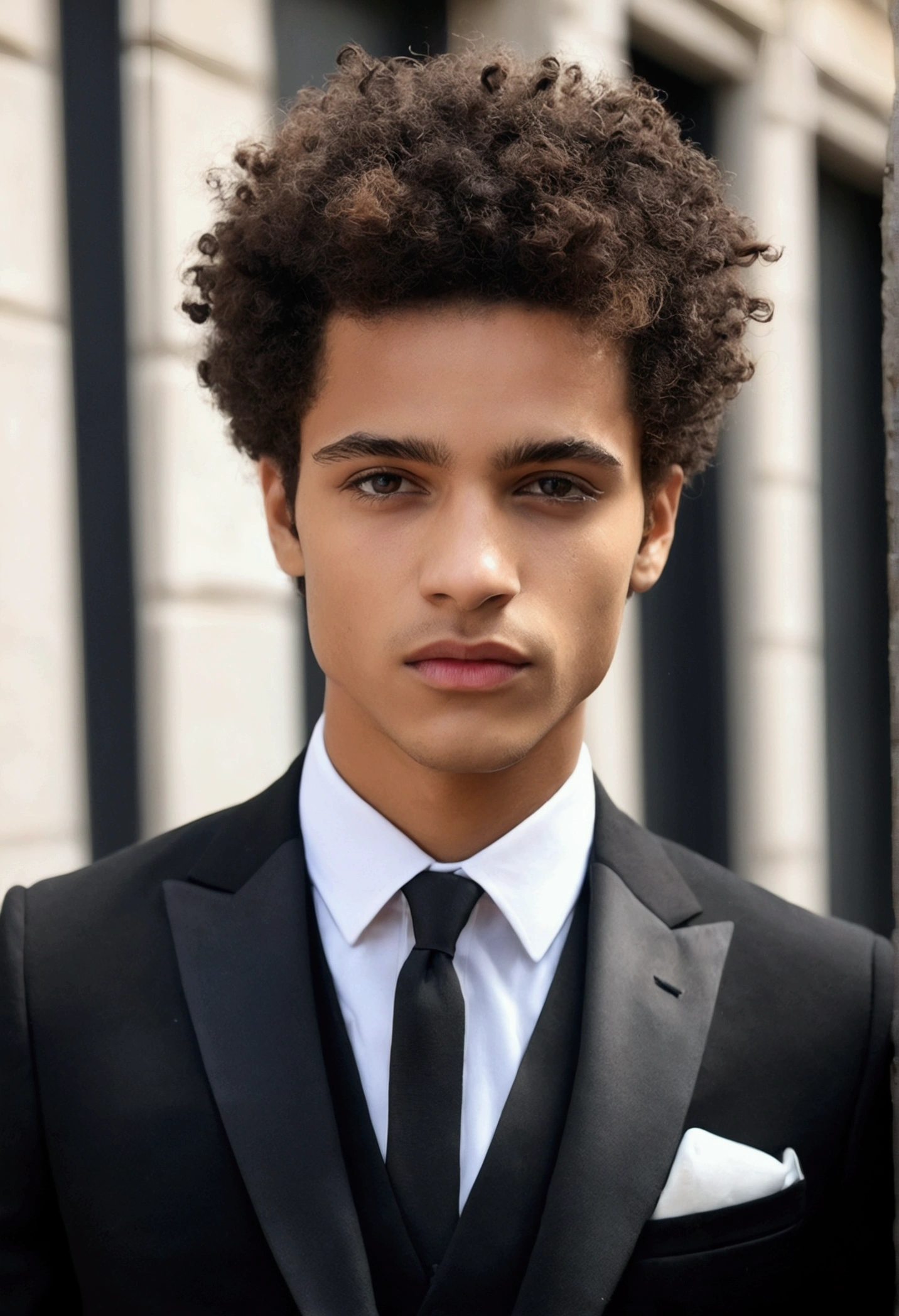 Le beau look – Des yeux saisissants et courts. cheveux noir rasé (dégradé à blanc), (rasé:1.3), (25ans:1.3). -style brut lightskin; suit; photo prise de loin