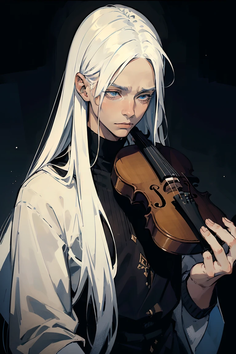 ((1 boy)), detaile close portrait, (long straight white hair), loose hair, (Hair closes the eyes), big Blue eyes, long eyelashes, beautiful detailed eyes, modest, quiet, lonely, An anxious look, upset, black soft sweater, soft light, beautiful detailed face, 8K, masterpiece, dark background, violin, playing the violin