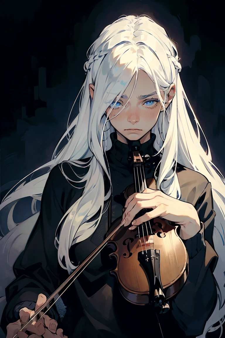 ((1 boy)), detaile close portrait, (long straight white hair), loose hair, (Hair closes the eyes), big Blue eyes, long eyelashes, beautiful detailed eyes, modest, quiet, lonely, An anxious look, upset, black soft sweater, soft light, beautiful detailed face, 8K, masterpiece, dark background, violin, playing the violin