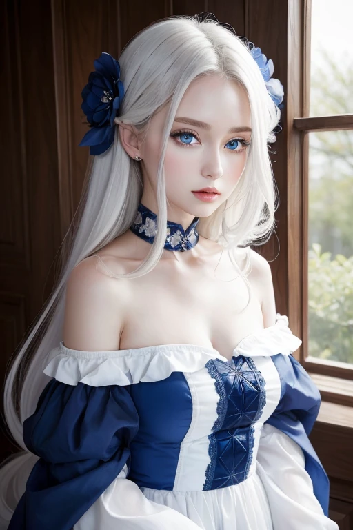 ((best qualityer)), ((work of art)), (detailded), 1 girl, off-the-shoulder tunic, Pale princess with sapphire blue eyes and long white hair