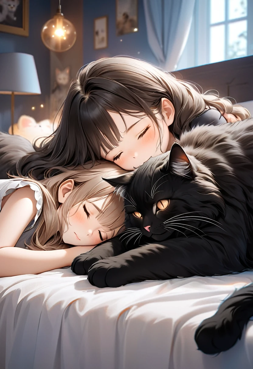 Magestic black maincoon giant cat and  cute girl,  (cat bigger than the girl):1.5, giant fluffy adorable cat, leaning and sleeping side by side together on the bed, girl and cat happy full atmosphere, highly detailed, cinematic lighting, complex Detailed, warm colors, dreamy, soft focus, 8k, top quality, photorealistic