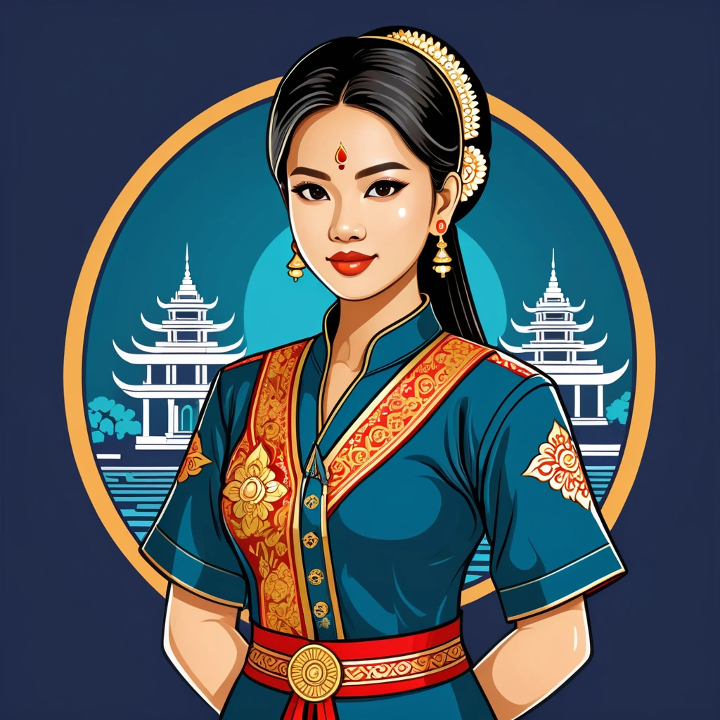 female engineer in thai folk outfit ,vector graphics, strong contours, logo design
