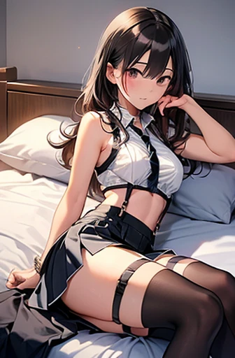 "(A true masterpiece with the best quality). In this NSFW image, a schoolgirl with a flat chest and small tits is lying down adorned in a uniform, looking both shy yet eager to show off. Her cleavage and panties are teasingly visible through her translucent outfit."